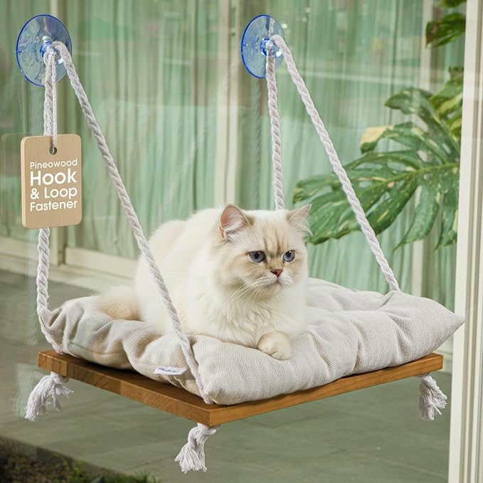 Cat Window Perch, Indoor Hammock Bed with Solid Pine Wood, 4 Industrial-Grade Suction Cups, Window Hammock with Soft Cushion for Cats, Space Saving Design