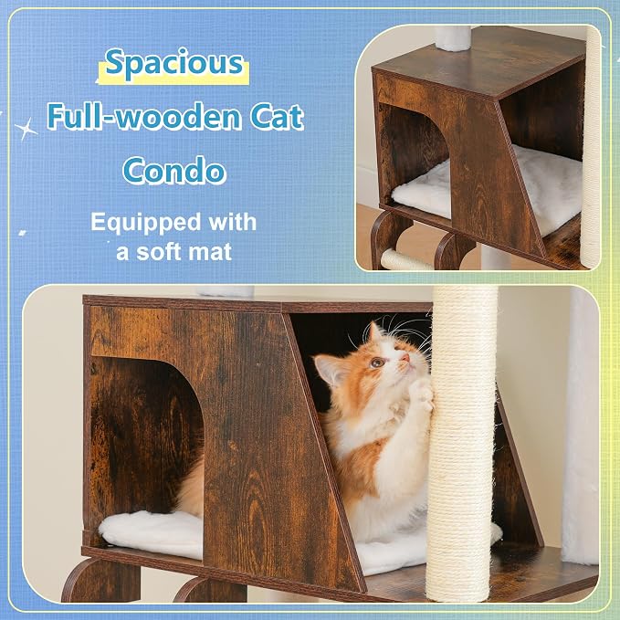 Hey-brother Wooden Cat Tree, Furniture Tower with Large Platforms, MPJ121SR | 69.7 inch, Modern Full Sisal Scratching Posts, Hammocks, Spacious Condo, Ladder, Brush, Water Proof Surface, Rustic Brown