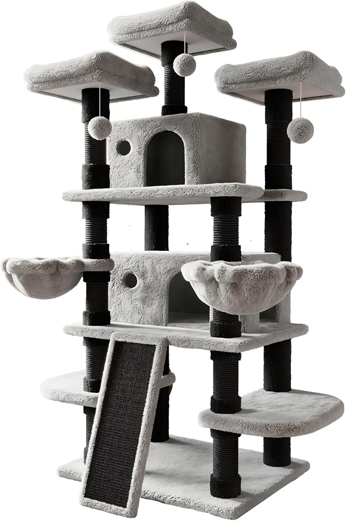 SHA CERLIN 68 Inches Multi-Level Large Cat Tree for Large Kitties/Big Cat Tower with Condo/Cozy Plush ‌Pussycat Perches/Sisal Scratching Posts and Hammocks/Activity Center/Black & Grey