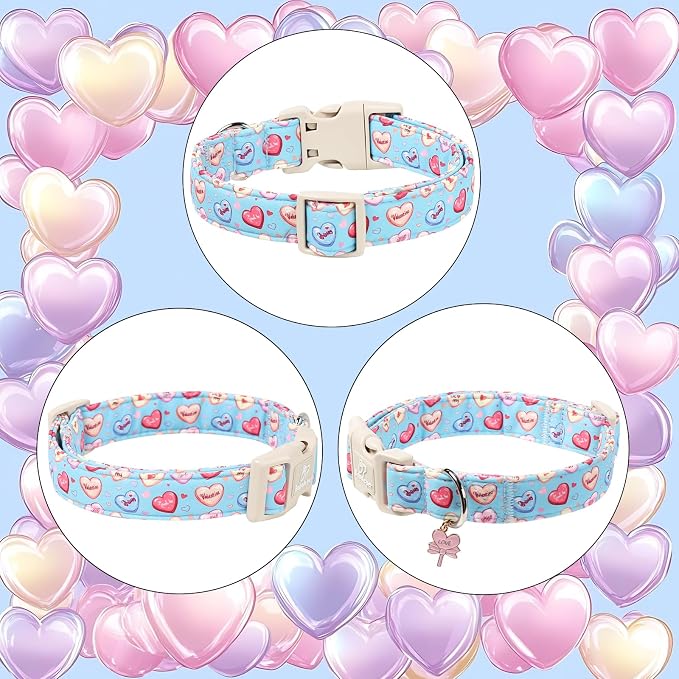 Valentines Dog Collar for Small Dogs - Valentine Candy Hearts Dog Collars, Love Boy Girl Dogs Collars, Lightweight Adjustable Cute Blue Puppy Collar with Quick-Release Buckle S