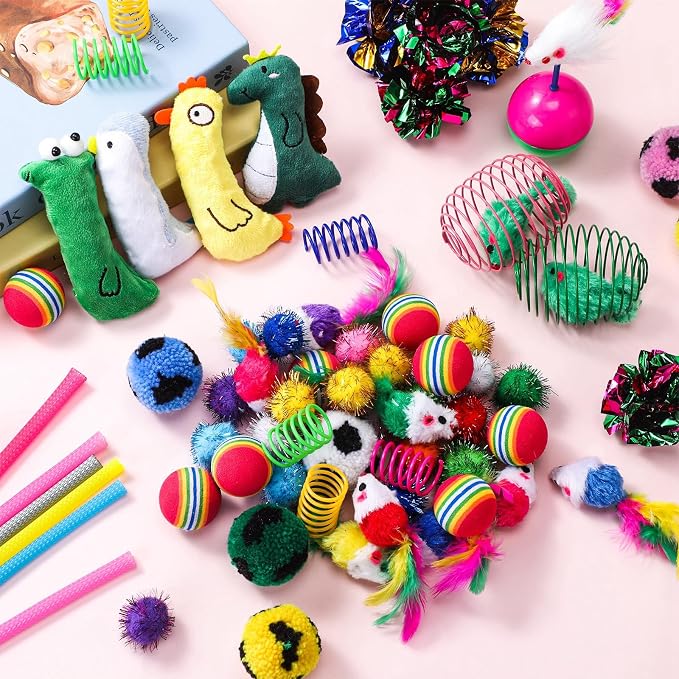 Shappy 150 Pcs Cat Toys for Indoor Cats Bulk, Kitten Toys Pack, Variety Interactive Gift Including Mice Rainbow Balls Spring Crinkle Balls Gift for Kitty Kitten Cat(Novel)