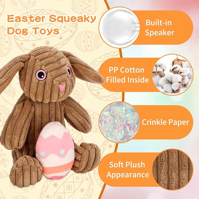 Rypet Stuffed Dog Toys Easter Rabbit Dog Toy, Squeaker Plush Dogs Toy with Crinkle Paper, Interactive Durable Puppy Chew Toy Pet Easter Toy with Egg for Small and Medium Dogs