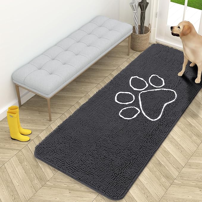 OLANLY Dog Door Mat for Muddy Paws 59x24, Paw Print Design Chenille Mud Mat | Dark Grey, Absorbent, Traps Moisture and Dirt, Non-Slip Washable Doormat, Quick-Drying Indoor Entryway Floor Carpet for Dogs