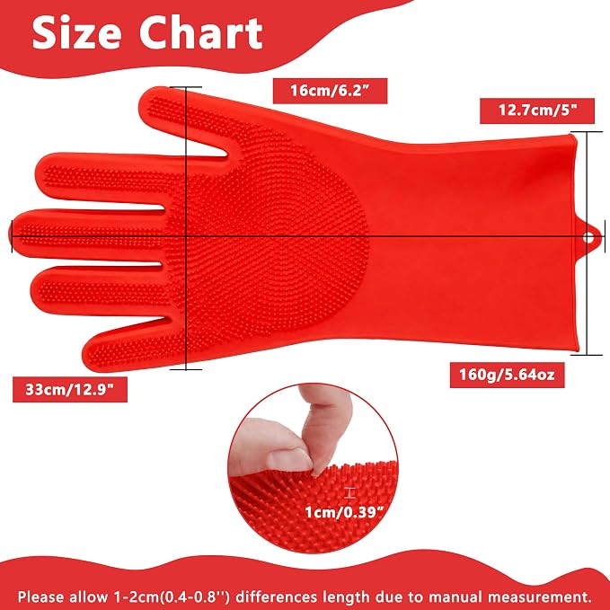 Pet Grooming Gloves—Dog Washing Gloves with High-Density Teeth, Dog Bath Scrubber with Enhanced Five Finger Design, Silicone Gloves for Dogs and Cats Bathing, Massage (Bright Red)