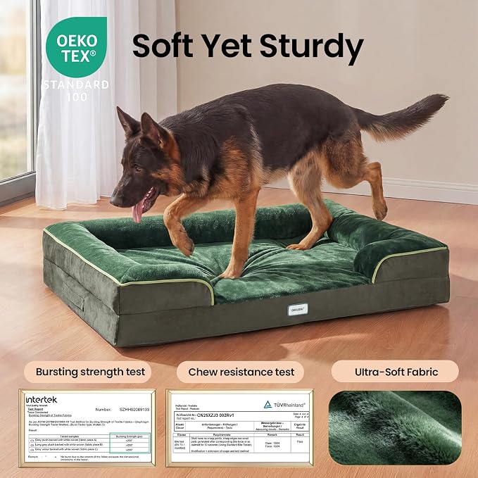OhGeni Orthopedic Dog Bed Couch Big Cat Sofa for Extra Large Sized Pets with Memory Foam, Machine-Washable Waterproof Removable Cover, Soft Comfortable Fabric, 44-inch (Green)