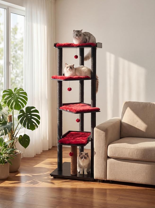 Heavy Duty Cat Tree, 67.7" Cat Tree for Indoor Cats Large Adult, Modern Cat Tower for Large Cats, Cat Tower with Scratching Post, Large Perch and Removable Pads,Black & Red