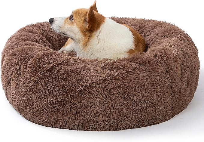 SAVFOX 30 inches Calming Donut Dog Bed - 3X Durable Plush Faux Fur, Machine Washable & Non-Slip, Fits up to 45 lbs, Brown