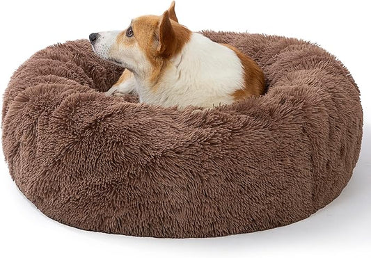 SAVFOX 30 inches Calming Donut Dog Bed - 3X Durable Plush Faux Fur, Machine Washable & Non-Slip, Fits up to 45 lbs, Brown