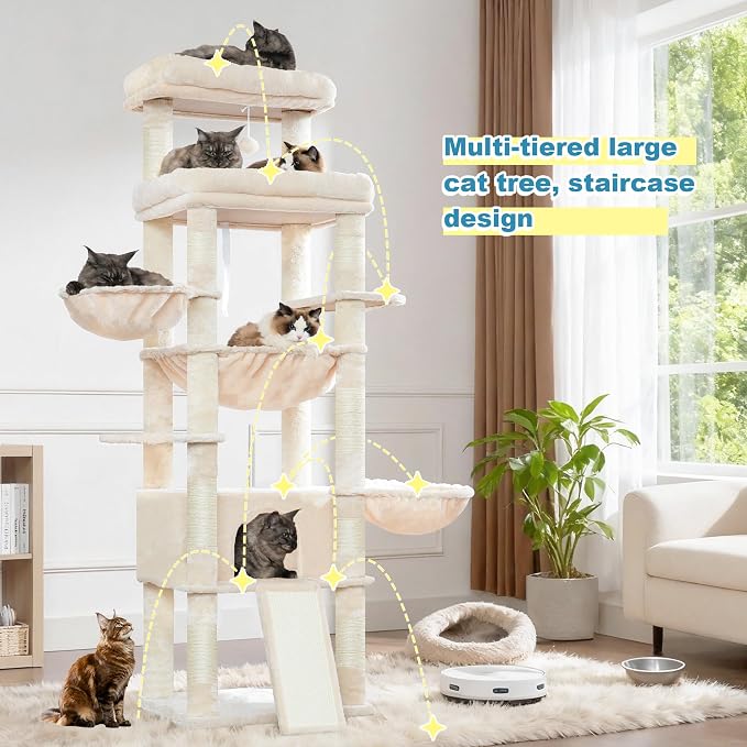 Hey-brother Cat Tree Tower with Extra Large Platform and Basket, MPJ080M | 71.7 Inches Scratching Posts with Specious Condo, 2 Cozy Hammocks, Scratch Board for Indoor Adult Cats, Maine Coon Beige