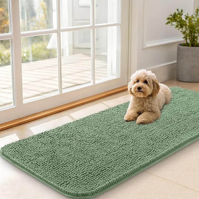 OLANLY Dog Door Mat for Muddy Paws 47x20, Super Absorbent Chenille Mud Mat | Olive Green, Absorbs Moisture and Dirt, Non-Slip Machine Washable Doormat, Quick-Drying Indoor Entryway Floor Carpet for Dogs