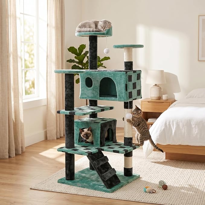 ZENY 53‘‘ Cat Tree with Sisal-Covered Scratching Posts and 2 Plush Rooms Cat Furniture for Kittens (Green + Black)