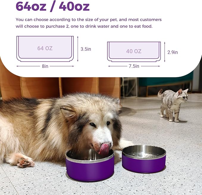 WENBOKMIN Dog Bowl, Stainless Steel Dog Food and Water Bowl with Non Slip Quiet Bottom, Easy to Clean, Dishwasher Safe, 64oz, Purple