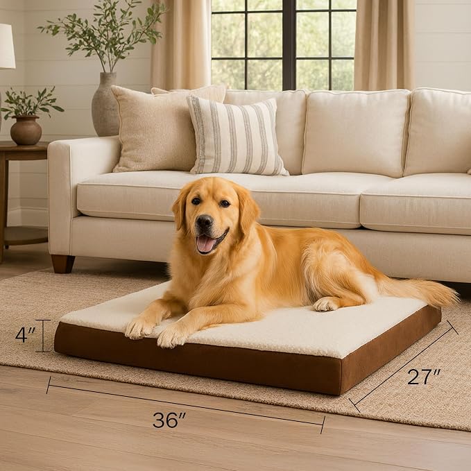 Orthopedic Dog Bed - 2-Layer Memory Foam Crate Mat with Machine Washable Sherpa Cover - 36x27 Pet Bed for Large Dogs Up to 65lbs by PETMAKER (Brown)