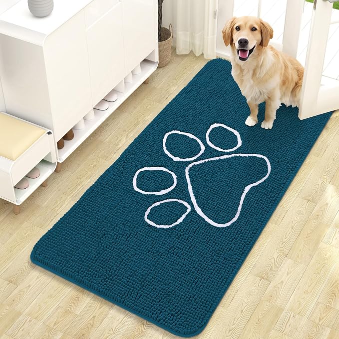 OLANLY Dog Door Mat for Muddy Paws 47x24, Paw Print Design Chenille Mud Mat | Atlantic Blue, Absorbent, Traps Moisture and Dirt, Non-Slip Washable Doormat, Quick-Dry Indoor Entryway Floor Carpet for Dogs