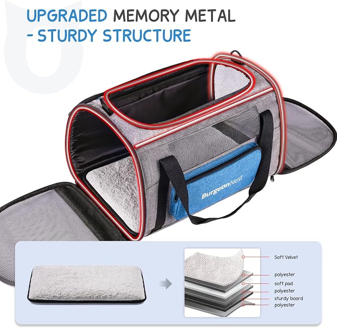 BurgeonNest Pet Carrier for Large Cats, Soft-Sided Cat Carrier for Big Cats and Small Dogs Up to 20 lbs, Top Loading Collapsible Escape-Proof Travel Cat Bag with 4 Mesh Windows & Side Storage, Blue