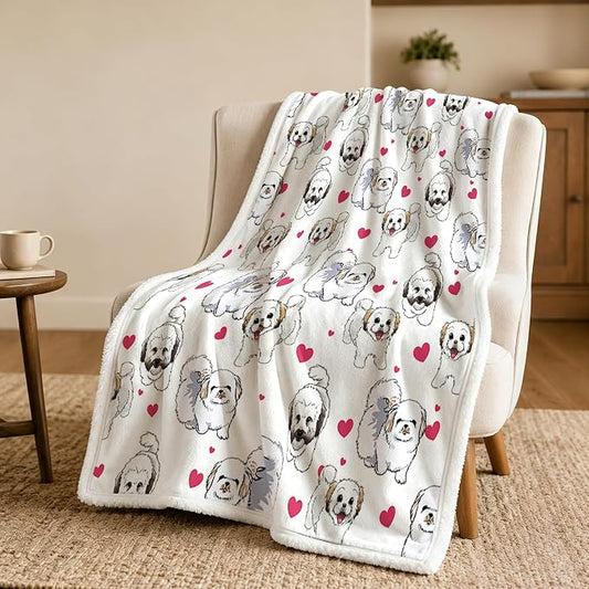 BlessLiving Shih Tzu White Throw Blanket with Dense Dog Patterns Sherpa Fleece Blanket Couch Bed, Soft Cozy Warm Pet Blankets for Puppy Lovers Cute Snowball Animal Print Gift 50x60 Inches