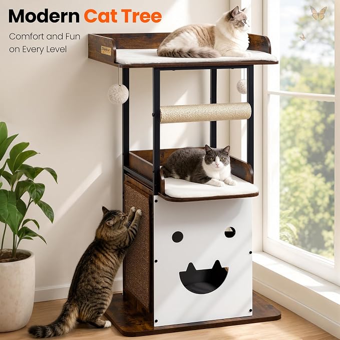 48in Wood Modern Cat Tree for Large Indoor Cats with Big Perch Bed | Multi-Level Climbing Design, Cat Cando, Sisal Scratching Posts and Board, Removable Washable Pads, Stable Rustic Brown