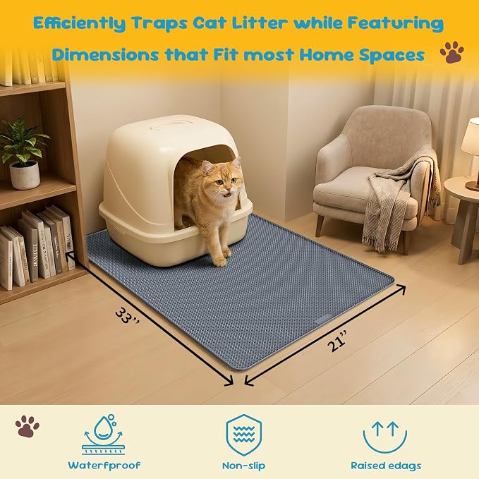 Cat Litter Mat, (33" x 21") Silicone Litter Trapping Mat - Waterproof/Urine Proof, Litter Box Mat - Keep the Floor Clean Grey