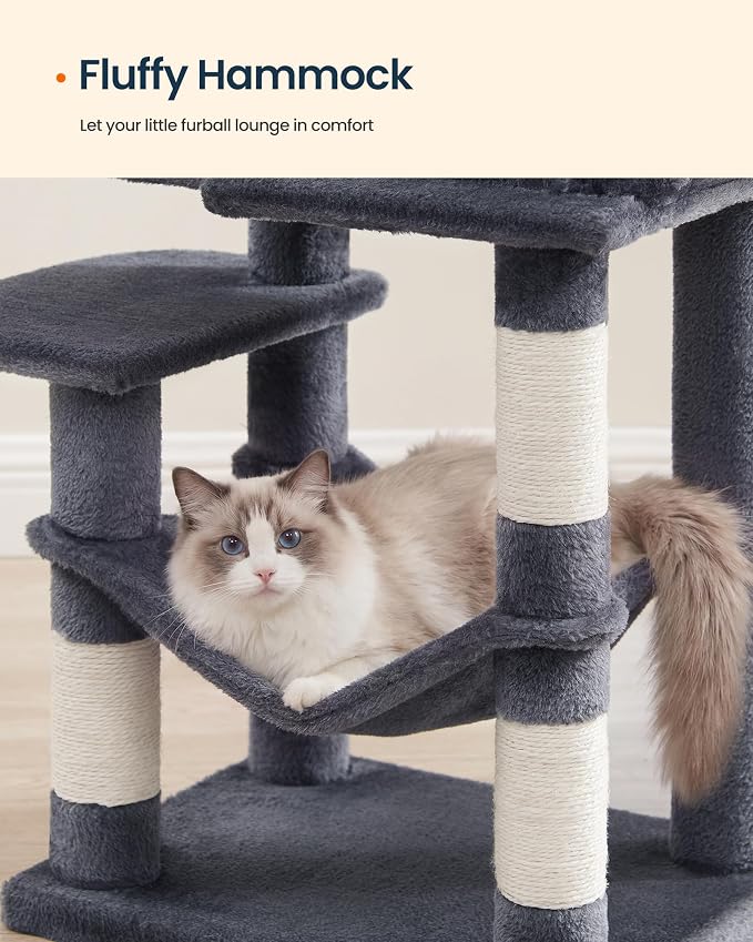 SONGMICS HOME Cat Tree for Indoor Cats, Multi-Level Tower Condo with Sisal Scratching Posts, Hammock and Condo, Dark Gray