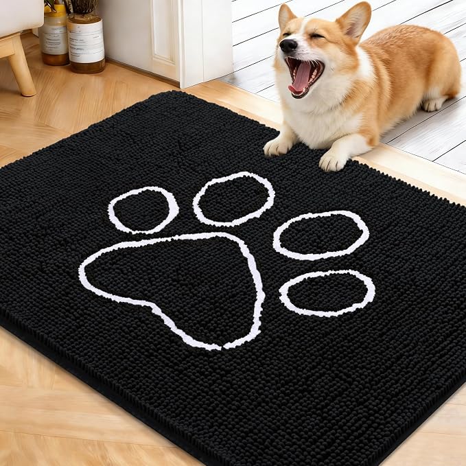OLANLY Dog Door Mat for Muddy Paws 40x32, Paw Print Design Chenille Mud Mat | Black, Absorbent, Traps Moisture and Dirt, Non-Slip Washable Doormat, Quick-Drying Indoor Entryway Floor Carpet for Dogs