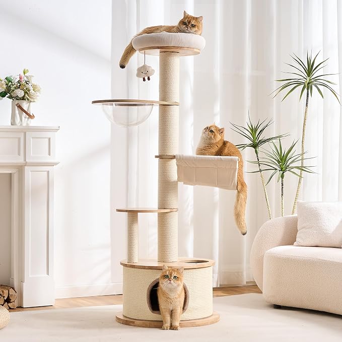 64.2" Solid Wood Cat Tree Tower for Indoor Cats, Multi-Level Modern Cat Furniture with 20" Condo, Interchangeable Hammock & Capsule Bed, Chunky Scratching Posts for Active Cats up to 12 lbs