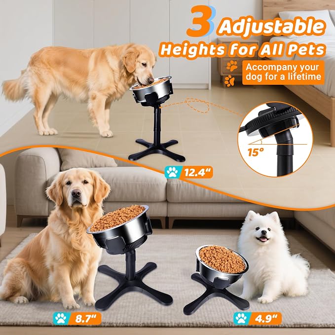 Elevated Adjustable Dog Bowl Feeding Stand, 3 Heights and Tiled Ajudst, Compatible with Moost Feeding Bowls, Great for Medium Large Dogs(2 Pack)