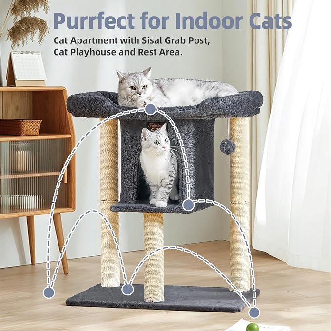 Cat Tree Tower Scratching Post for Indoor Large Adult Cats with Perch Bed | 28in Tall Small Cat Trees House with Big Perch, Condo, Toy Balls, Modern Kitten Climbing Furniture Platform, Dark Gray