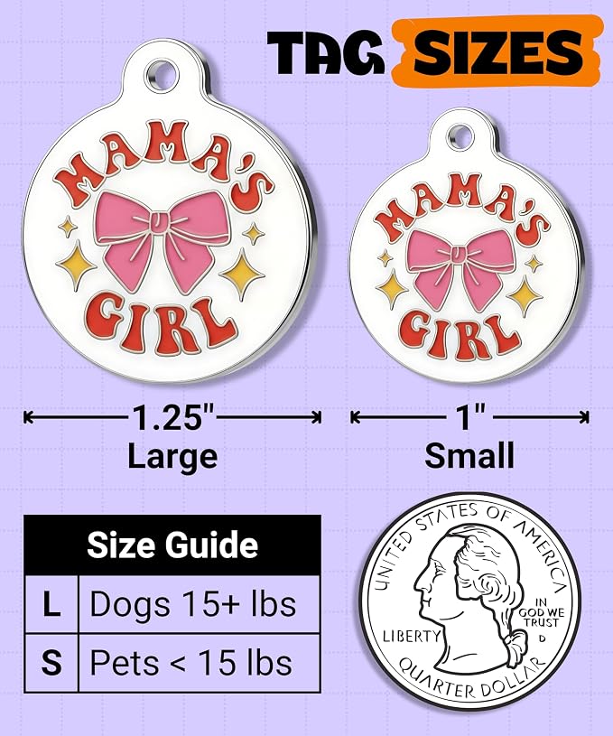 Bad Tags Personalized Dog and Cat ID Tags in 25+ Designs and 2 Sizes - 5 Lines of Custom Engraved Text - Funny Cute Personalized Pet Tags (Mama's Girl, Small (1 inch))