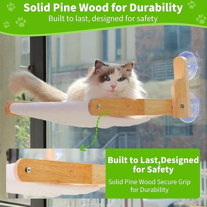 Cat Window Perch, Foldable Cat Hammock with Faux Rabbit Fur Cover | Wooden frame, four suction cups and removable washable cushion; no-drill setup, 20.47 x 14.96 in resting area for large cats.