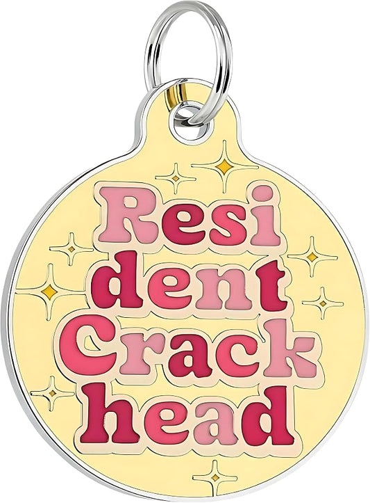 Bad Tags Personalized Dog and Cat ID Tags in 25+ Designs and 2 Sizes - 5 Lines of Custom Engraved Text - Funny Cute Personalized Pet Tags (Resident Crackhead - Yellow, Small (1 inch))