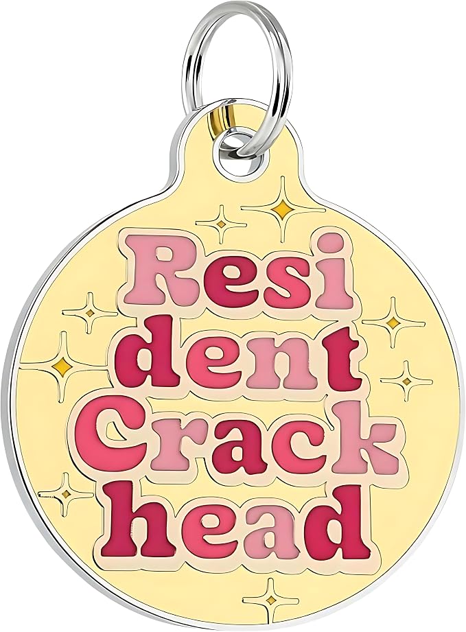 Bad Tags Personalized Dog and Cat ID Tags in 25+ Designs and 2 Sizes - 5 Lines of Custom Engraved Text - Funny Cute Personalized Pet Tags (Resident Crackhead - Yellow, Large (1.25 inch))