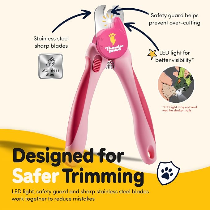 LED Dog Nail Clippers with Light Illumination, Trimmers with Protective Guard, Safety Lock and Nail File - Suitable for Large and Small Dogs & Cats (Pink)