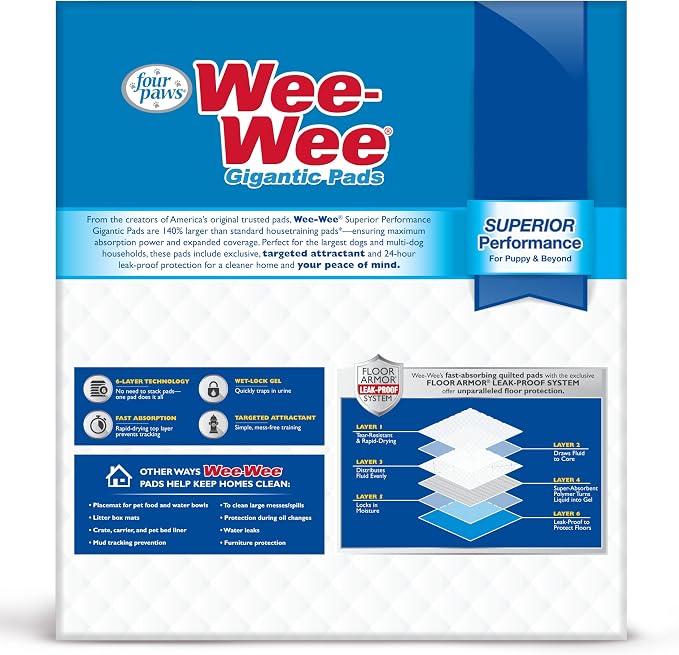 Four Paws Wee-Wee Superior Performance Pee Pads for Dogs with Runoff Barrier Edge Guard Protection, Puppy & Dog Potty Training Pads, Housebreaking Pet Supplies, 27.5" x 44" (100 Count)