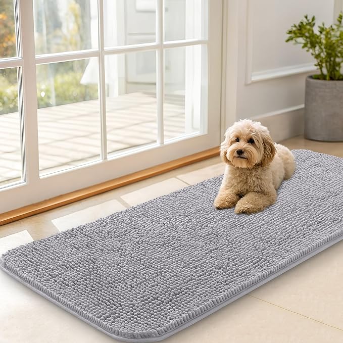 OLANLY Dog Door Mat for Muddy Paws 47x20, Super Absorbent Chenille Mud Mat | Light Grey, Absorbs Moisture and Dirt, Non-Slip Machine Washable Doormat, Quick-Drying Indoor Entryway Floor Carpet for Dogs