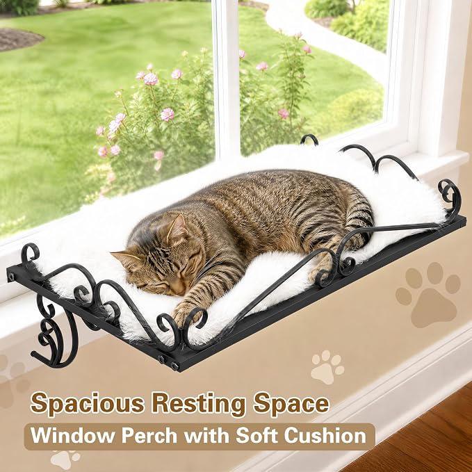 PUPETPO Cat Window Perch for Large Cats, 2-in-1 Window & Sill Mount, Black | Heavy-Duty Iron Frame with Triangle Support, Cat Window Bed with Plush Cushion, Holds 40+ lbs