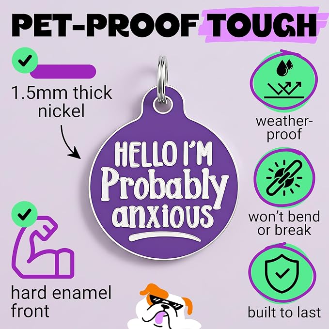 Bad Tags Personalized Dog and Cat ID Tags in 25+ Designs and 2 Sizes - 5 Lines of Custom Engraved Text - Funny Cute Personalized Pet Tags (Hello I'm Probably Anxious - Purple, Small (1 inch))