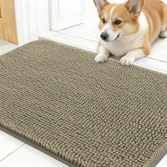 OLANLY Dog Door Mat for Muddy Paws 24x16, Super Absorbent Chenille Mud Mat | Warm Taupe, Absorbs Moisture and Dirt, Non-Slip Machine Washable Doormat, Quick-Drying Indoor Entryway Floor Carpet for Dogs