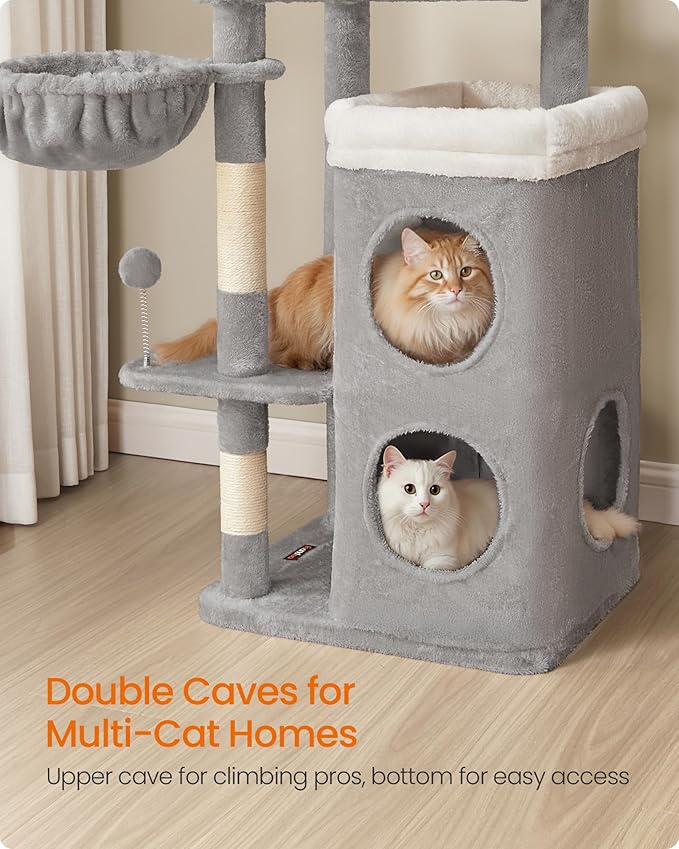 Feandrea Cat Tree Indoor, 60" Multiple-Level Plush Cat Tower, Dove Gray | 2 Caves, 3 Steps, 3 Scratching Posts, 3 Ball Toys, Cat Condo House for Large Adult Cats, UPCT007G01