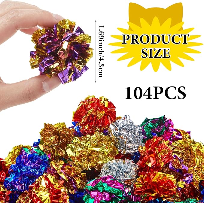 Jexine 104 Pcs Cat Crinkle Ball Bulk Cat Toys 1.69'' Polyester Film Kitten Balls Interactive Lightweight Colorful Kitten Crinkle Balls Soft Crinkle Pet Toys for Keeping Fit and Exercise Indoor