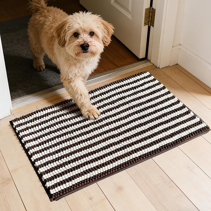 Dog Door Mat for Muddy Paws - Absorbent Quick-Dry Non-Slip Washable Chenille Pet Rug, Indoor Entryway Mat for Front Door & Crate (Brown, 30" L*18" W)