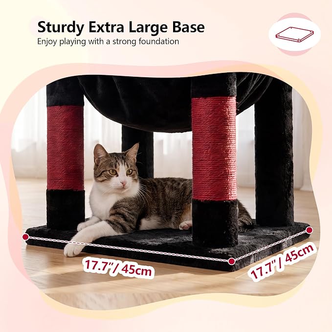 Heybly 53.1" Corner Cat Tree for Large Cats – Interactive Play HCT029BR | Sturdy Cat Tower with Cozy Cat Condo, Fan-Shaped Top Perch, Basket, Hammock & Solid Base, Black and Red