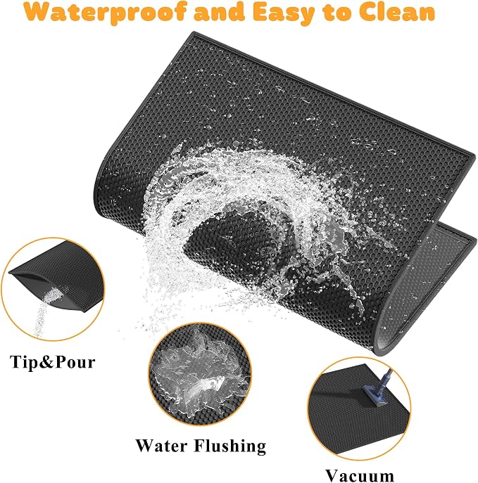 Pieviev Double Layer Cat Litter Mat Traps Scattered Litter 30''x24'' 2 Pack | Waterproof Urine Resistant Layer Litter Box Mat, Easy Collection, Soft on Kitty Paws, Black Color for Indoor Cats