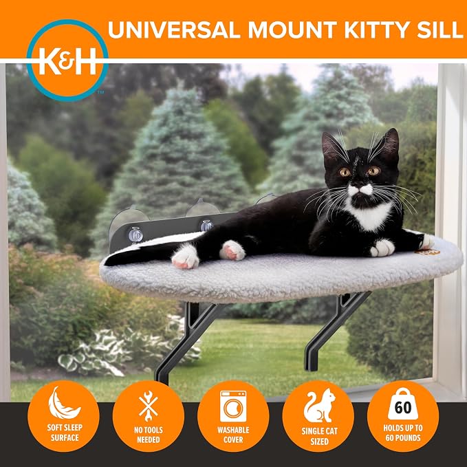 K&H Cat Window Perch, Universal Mount Bed for Large Cats - 24x14in Fleece | Orthopedic Cat Window Hammock Holds 60 lbs, Sturdy Suction Cups, Washable Cover, Indoor Window Bed