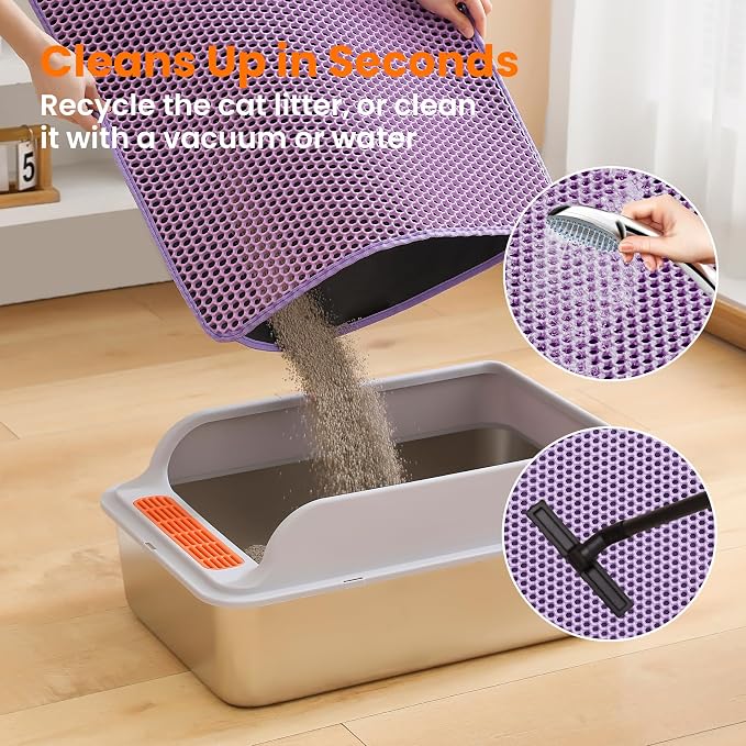 Small Cat Litter Mat, Double Layer Honeycomb Litter Box Mat | 20x14”, Reduces Litter Tracking, Waterproof, Non-Slip, Soft on Paws, Scratch Resistant, Easy to Clean, Purple