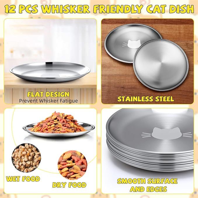 Domensi 12 Pieces Stainless Steel Cat Bowl Metal Pet Food Dish Beard Fatigue Relief Replacement Easy to Clean Indoor Wet Feeding Flat Plates for Dogs Kitten and Other Small Animals(6.7 Inch,Cat)