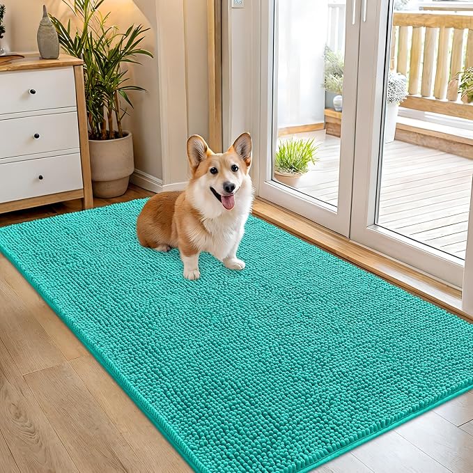 OLANLY Dog Door Mat for Muddy Paws 54x32, Super Absorbent Chenille Mud Mat | Teal, Absorbs Moisture and Dirt, Non-Slip Machine Washable Doormat, Quick-Drying Indoor Entryway Floor Carpet for Dogs