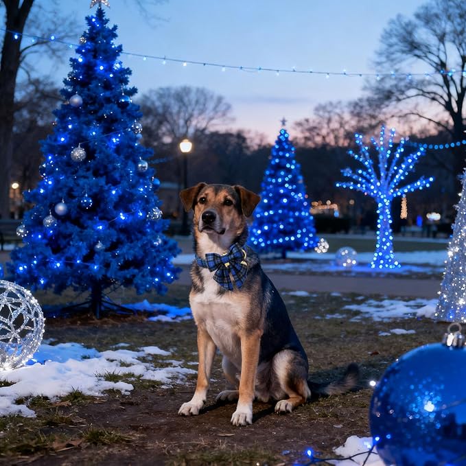 DOGWONG Christmas Dog Collar with Sailor Bow Tie, Blue Plaid Dog Collar Durable Metal Buckle Adjustable Blue Grid Dogs Collars for Medium Large Dogs, L
