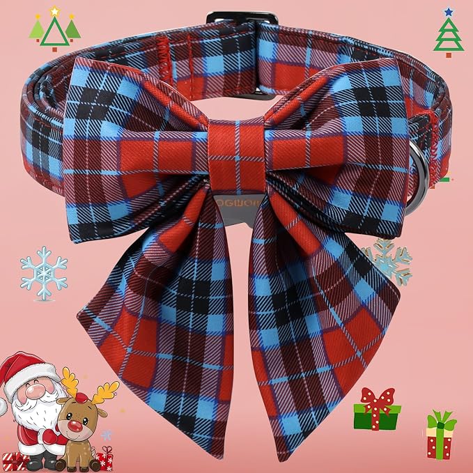 DOGWONG Christmas Dog Collar with Bow Tie, Red Green Plaid Dog Collar Durable Metal Buckle Adjustable Soft & Cute Red Grid Dogs Collars for Small Medium Large Dogs, XS