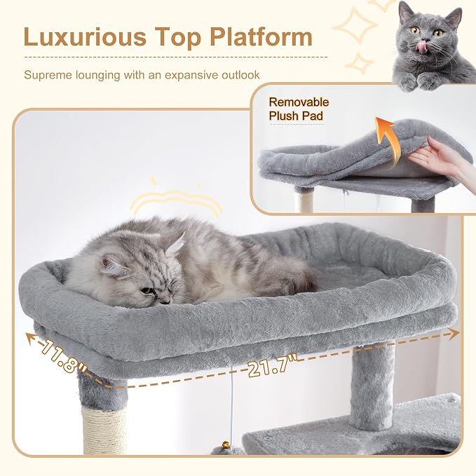 Heybly Cat Tree, 76-Inch Tall Heavy Duty Cat Tower for Big Cats HCT039W | Multi-Level Large Cat Furniture with Extra Wide Baseboard, 2 Condos & 2 Hammocks, 10 Scratching Posts, Light Gray