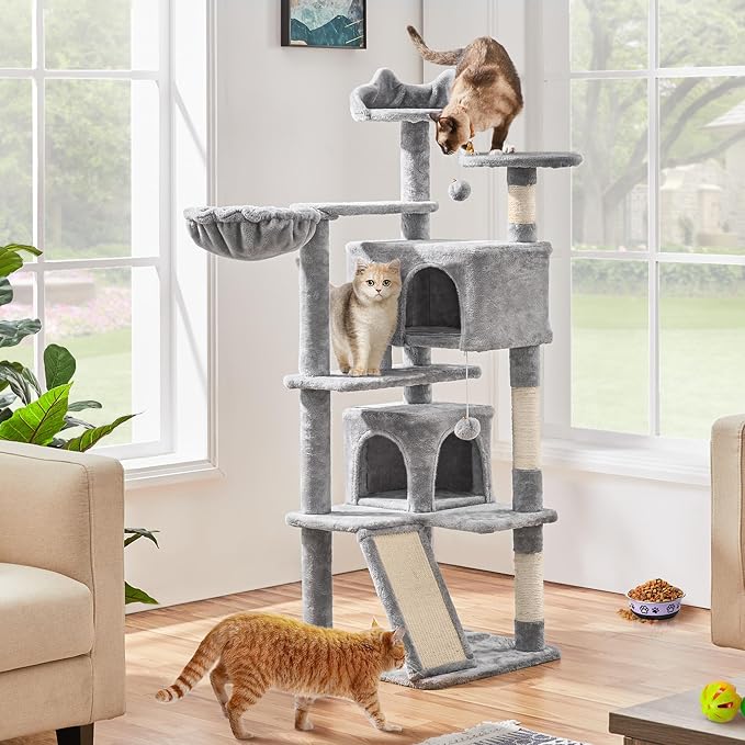 Topeakmart Cat Tree, 57 inches Multi-Level Cat Tree Tower with Scratching Posts, Cat Condo and Basket Kitten Activity Center, Light Gray | Easy to assemble, a great first cat tree with perches, hammock and anti-tip strap, ideal for small to medium cats...